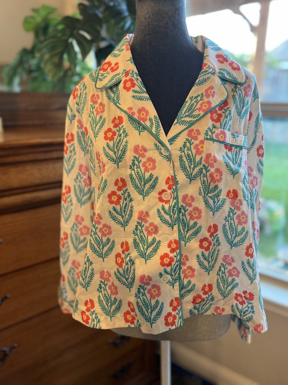 Mersea Floral Pajama Top Womens Small Cotton Button Front Lounge Sleep Shirt Cot